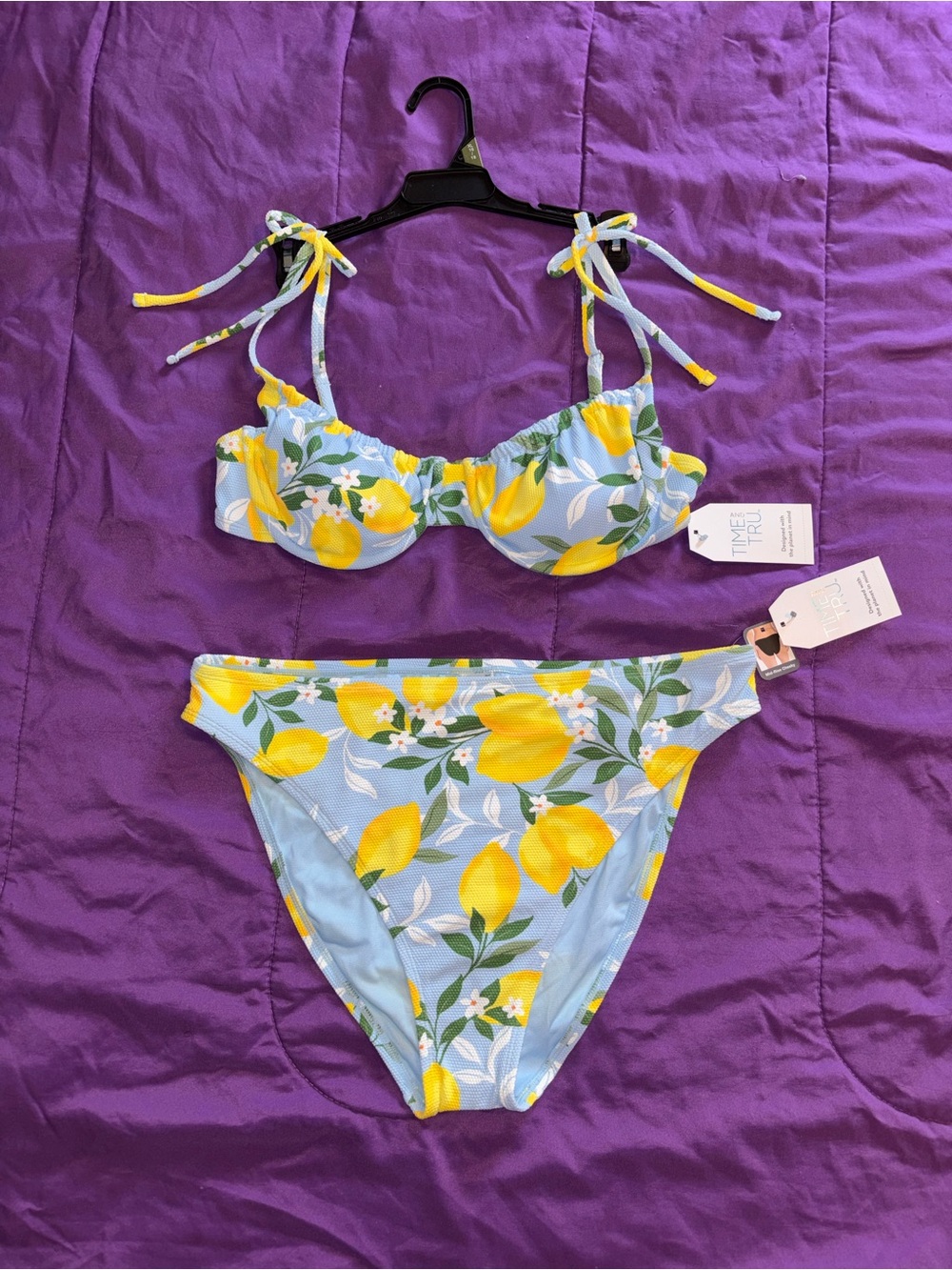 Time and Tru Light Blue & Yellow Lemon Print Tie-Shoulder Bikini